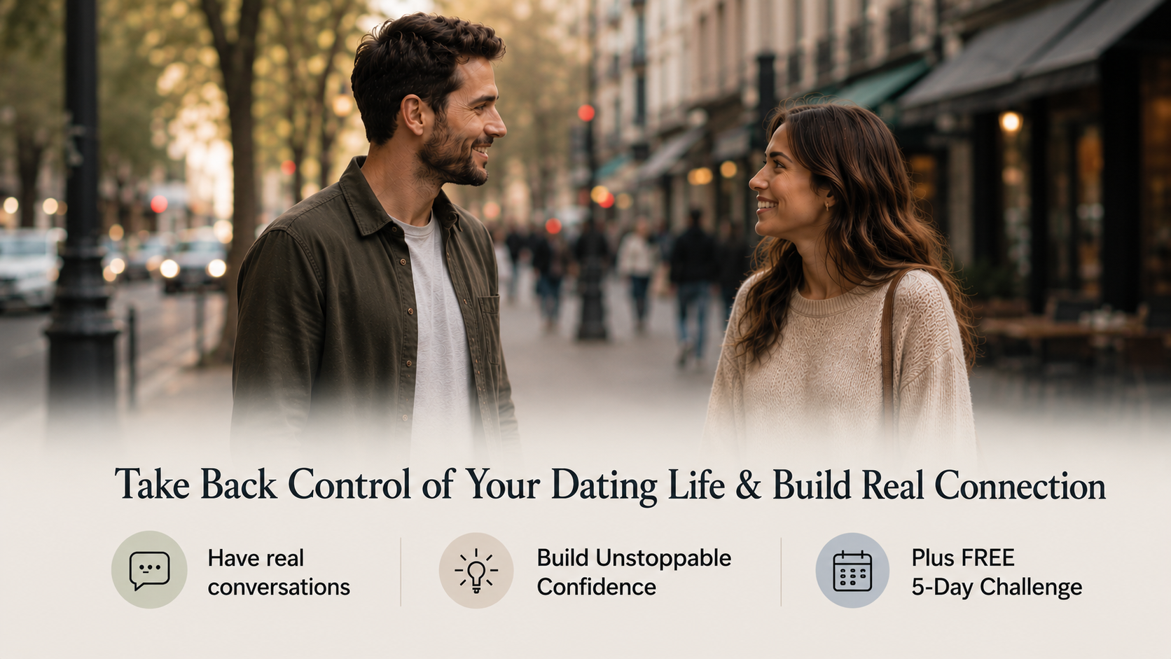 A man and woman having a relaxed conversation on a city street